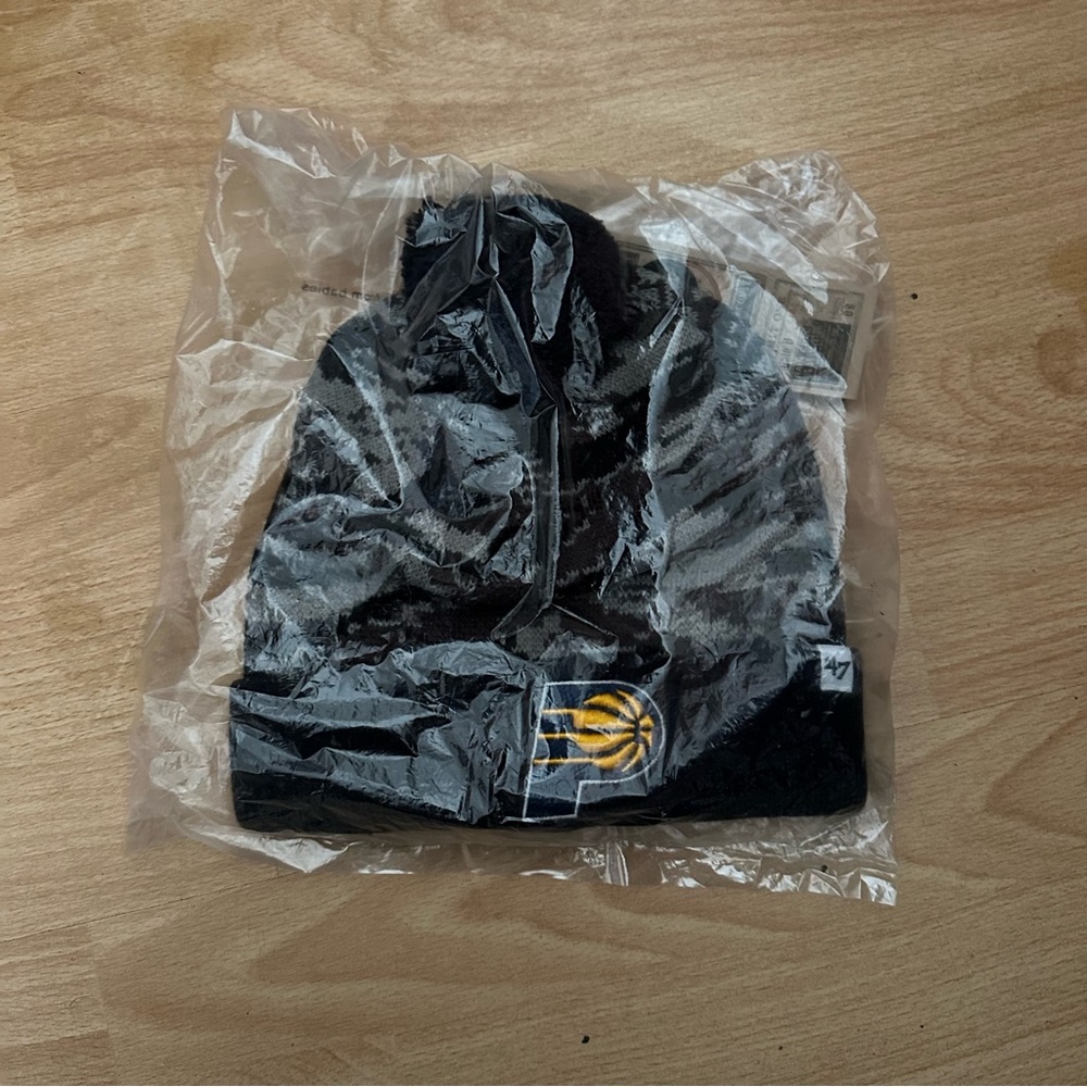 '47 Brand Indiana Pacers Camo Beanie with Yellow and Navy Blue Logo Black Pom